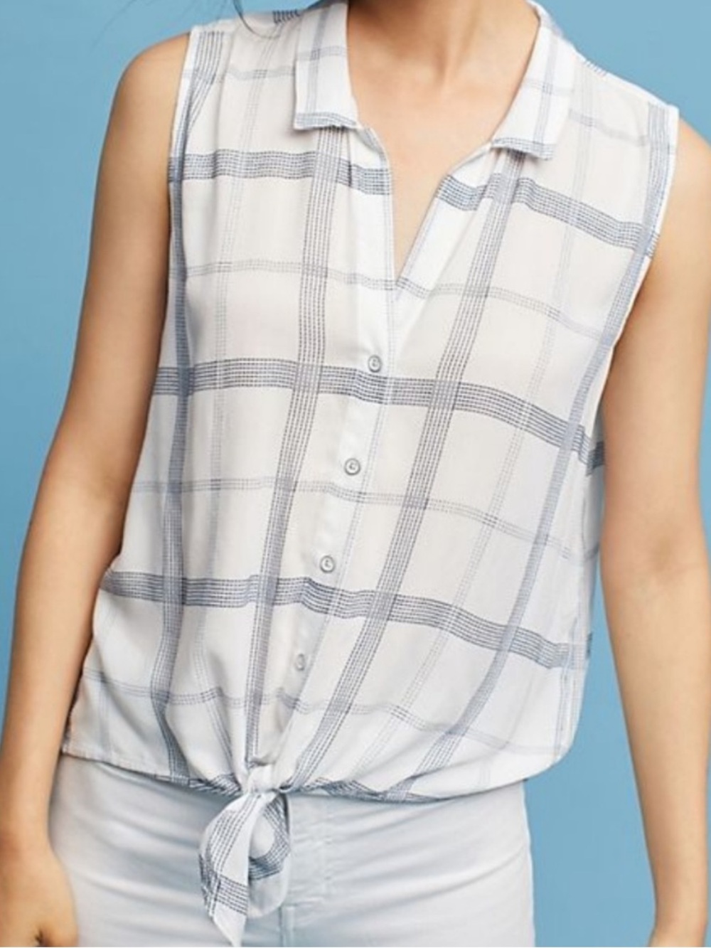Cloth & Stone Small White Blue Sleeveless Plaid Tie Front Blouse